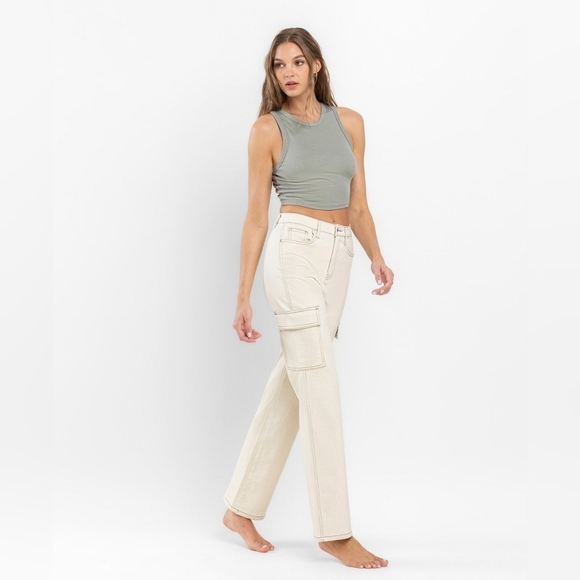 Flying Monkey Ecru - 90's Super High Rise Slim Wide Cargo Jeans F5451ECR Size 28 - Picture 10 of 11